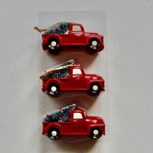 Antique Vintage Red Truck With Christmas Tree Ornament Set of 3 BRAND NEW
